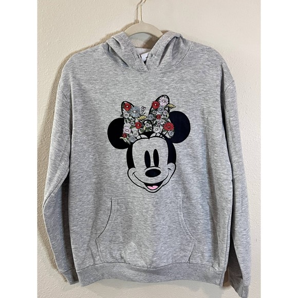 Disney Minnie Mouse Sweater Womens XL Gray Embroidered Flowers Hoodie - Picture 1 of 6
